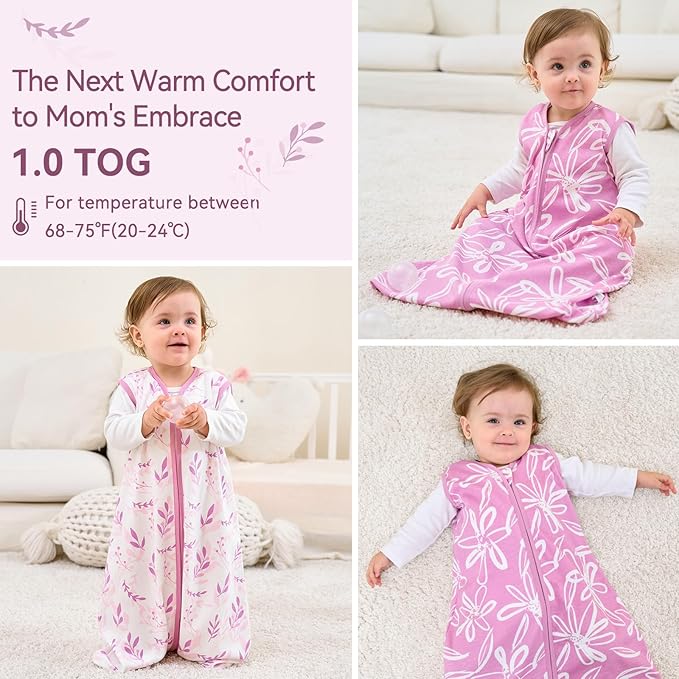 Baby Sleep Sack 6-12 Months 1.0 Tog Baby Wearable Blanket 100% Cotton Sleeping Sack with 2-Way Zipper for Infant Newborn Purple Leaf
