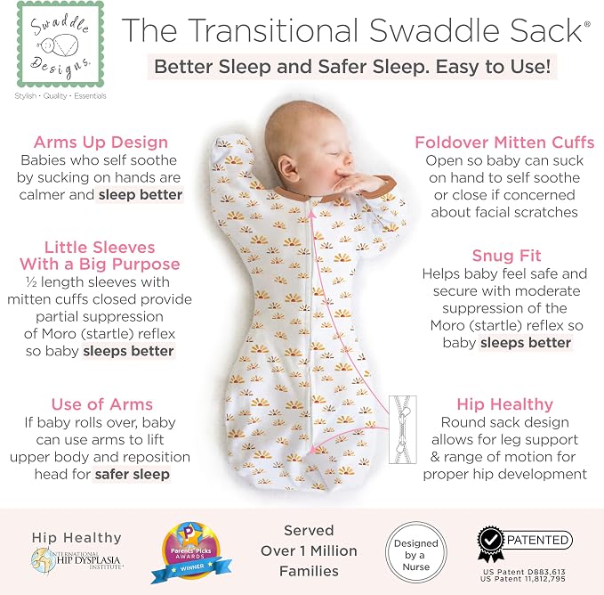 SwaddleDesigns Transitional Swaddle Sack, Arms Up Half-Length Sleeve & Mitten - Image 2