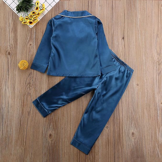 Kids Baby Girl Boy Satin Pajamas Set Button Down Sleep Shirt Top+Long Pants - Image 4