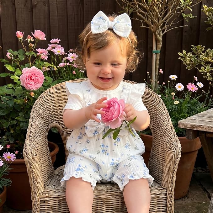 YINGISFITM Newborn Baby Girl Summer Clothes Short Sleeve Bubble Romper Bow - Image 2