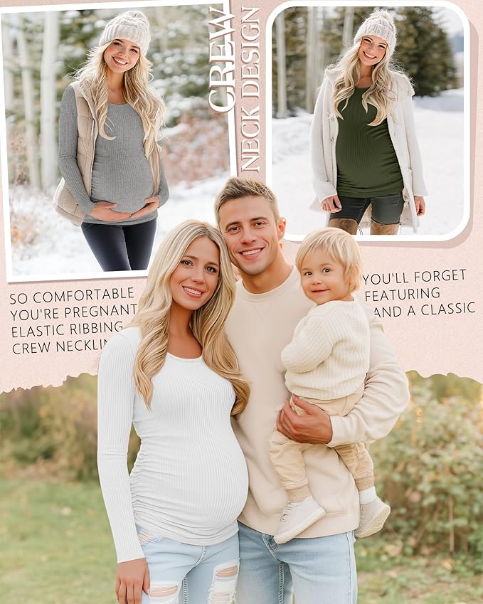 Riyiper 4 Pack Women's Maternity Shirts, Long Sleeve Cotton Ribbed Pregnancy Tee Top Crewneck Side Ruched Casual Mama Clothes
