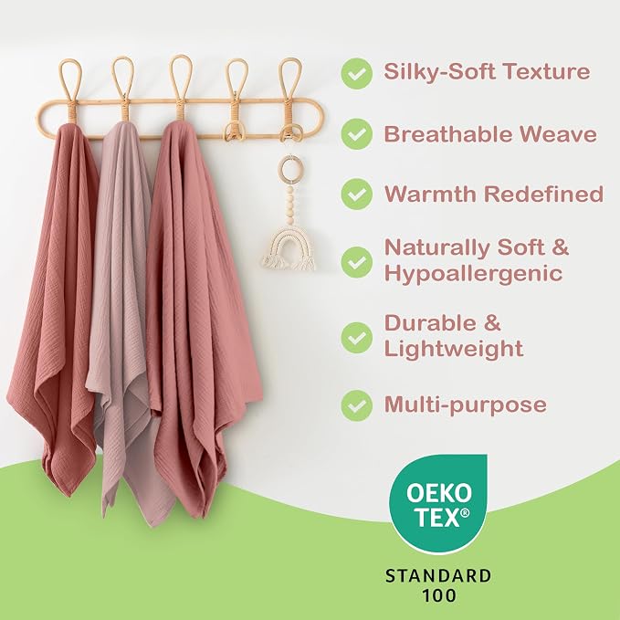 100% Organic Cotton 2 PK Baby Muslin Swaddle Blankets Girl 47x47in | Oeko-TEX - Image 5