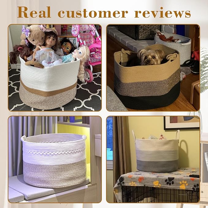 67L Large Blanket Basket, 20"x13" Woven Storage Baskets With Handle, Cotton Rope Blanket Basket Living Room, Baby Laundry hamper for Blanket, Nursery, Toy, Pillow (Brown & Black)