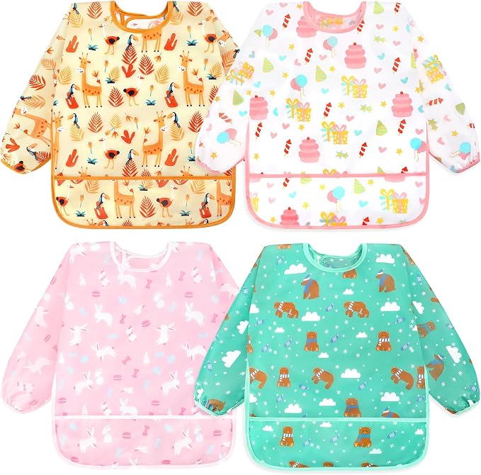 Accmor 4 Pack Long Sleeve Bibs, Baby Smock Waterproof Full Sleeved Bib by Accmor