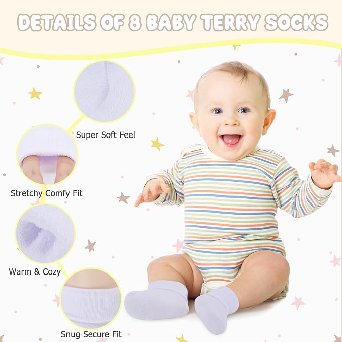 8 Pairs Newborn Socks Thick Cotton Terry Turn Cuff Baby Socks 0-6 Months Cute - Image 2