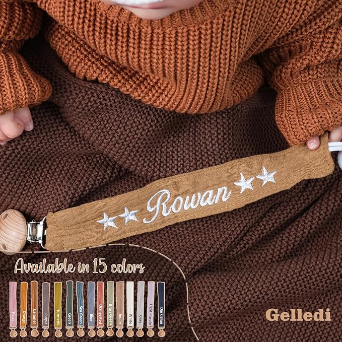 Personalized Bohemian Pacifier Clip Embroidered with Name is The Perfect Newborn Gift Made from eco-Friendly Bamboo!（Blue）