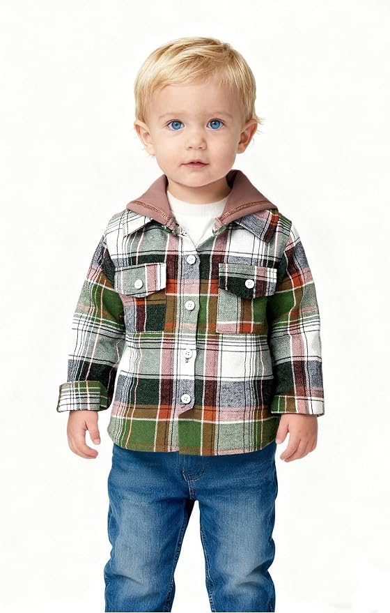 YOUNGER STAR Toddler Kids Boys Girls Flannel Hooded Plaid Shirt Button Baby Red - Image 2