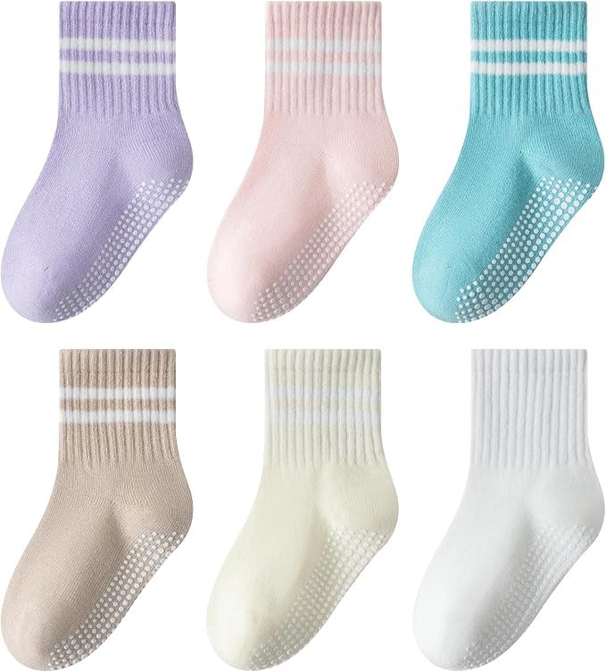 Toddler Non-Slip Socks Unisex Baby Grip Stripe Crew Cotton Socks | Seamless by AniKigu