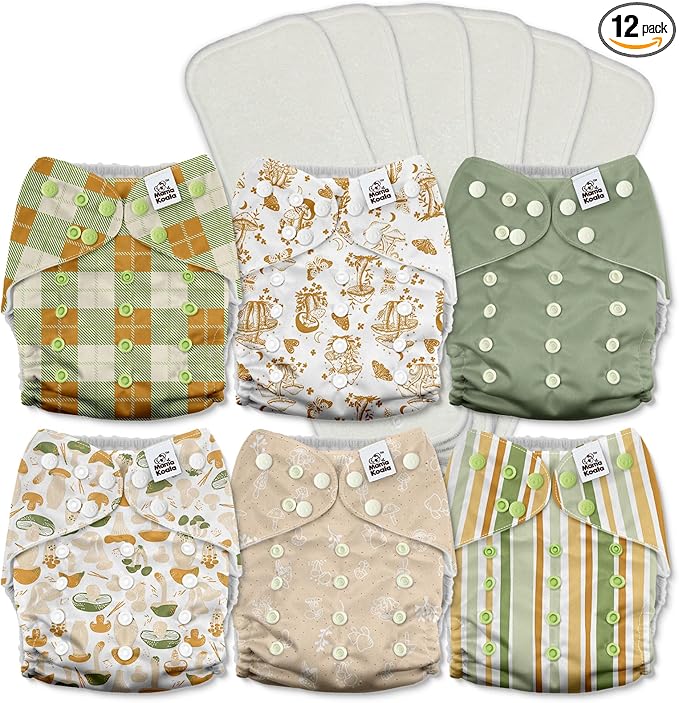 Mama Koala 3.0 Pocket Cloth Diapers for Babies with AWJ Lining, 6 Pack with 6 5-Layer Natural Cloth Diaper Inserts - Reusable and Washable Pocket Diapers(A-Mushrooms)