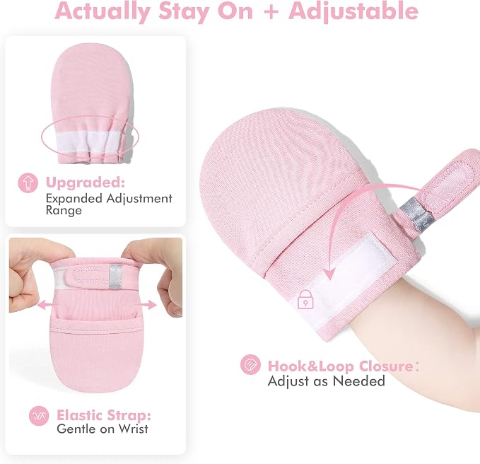 Baby Newborn No Scratch Mittens Stay On, 100% Cotton Adjustable 0-12M | Soft - Image 3