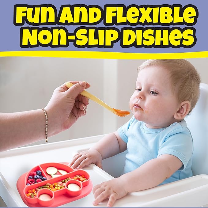 Vehicle Silicone Compartment Plates- 3 PK Car, Train, Rocket- Large Divided Sections for Easy Grabbing Baby Food Training, Non-Slip Unbreakable Material, Flexible Shapes for Toddlers, Kids- BPA Free