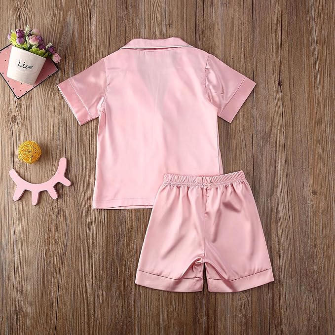 Kids Baby Girl Boy Satin Pajamas Set Button Down Sleep Shirt Top+Long Pants - Image 4