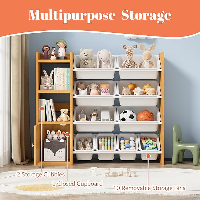 Toy Storage Organizer with 3 Shelves 1Lockers and 10 Bins, Toy Organizers Storage Bookshelf, Kids Bin Shelf Toys Box Bookcase for Bedroom Playroom Organization Room Decor - 100% Solid Wood