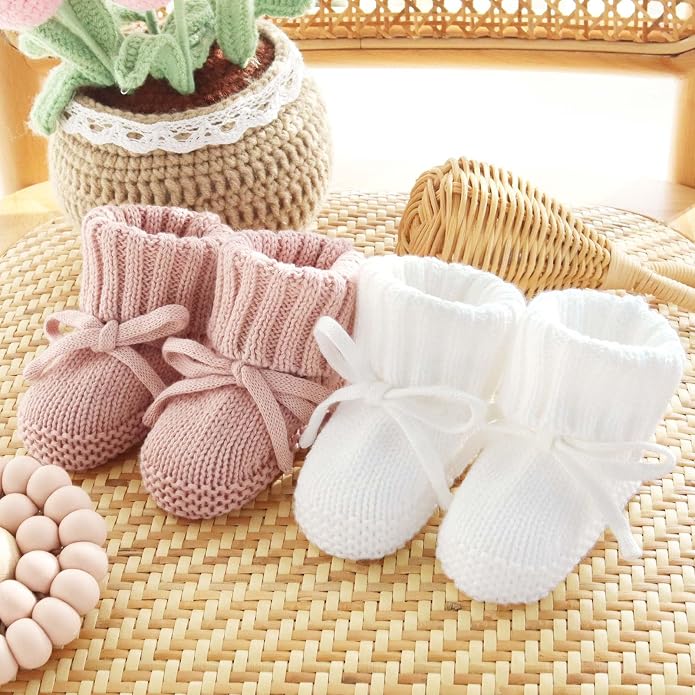 LifeTree Baby Knit Booties-2 Pairs, Cozy Cotton Handmade Crochet Baby Shoes - Image 8