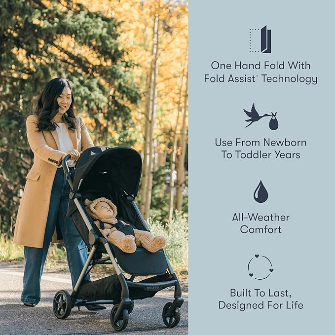 Colugo The One Stroller - Lightweight Easy Fold Compact Toddler and Baby Stroller for Travel, Large Storage Basket, One Hand Fold, Includes Raincover, Bumper Bar, Cupholder (Black)