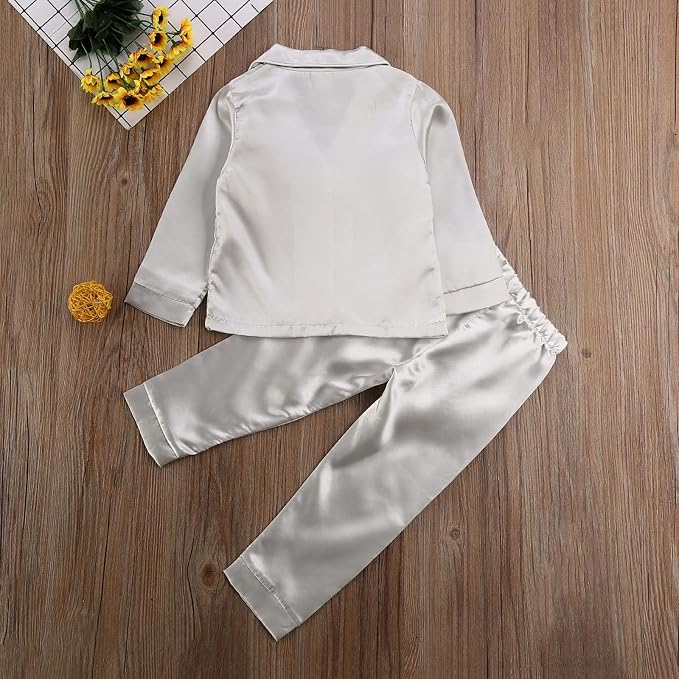 Kids Baby Girl Boy Satin Pajamas Set Button Down Sleep Shirt Top+Long Pants - Image 5