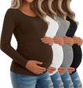 Riyiper 4 Pack Women's Maternity Shirts, Long Sleeve Cotton Ribbed Pregnancy Tee Top Crewneck Side Ruched Casual Mama Clothes