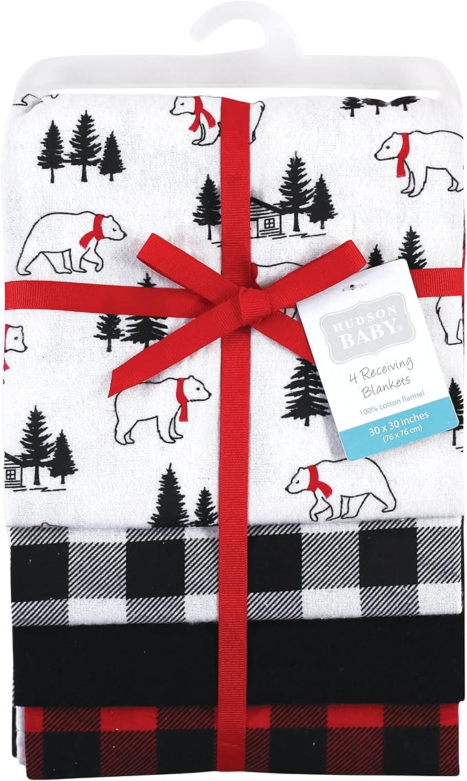 Hudson Baby Unisex Baby Cotton Flannel Receiving Blankets, Buffalo Plaid Bear - Image 2