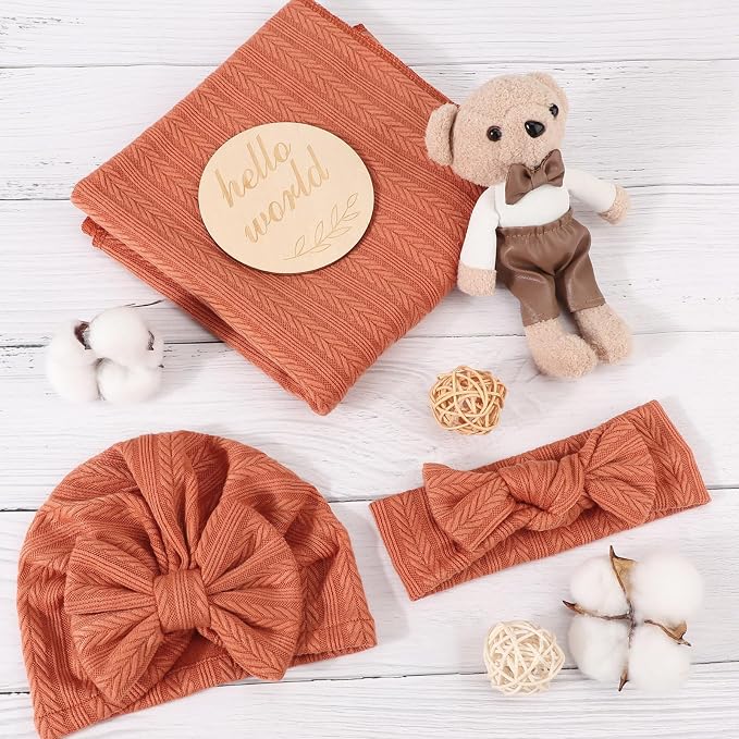 AQOKKA Newborn Receiving Blanket Wheat Ear Bow Hat Hairband Set - Image 5
