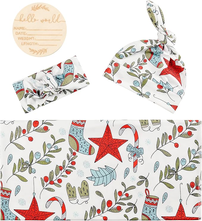 Newborn Swaddle Blanket Set, Headband and Beanie - Image 2