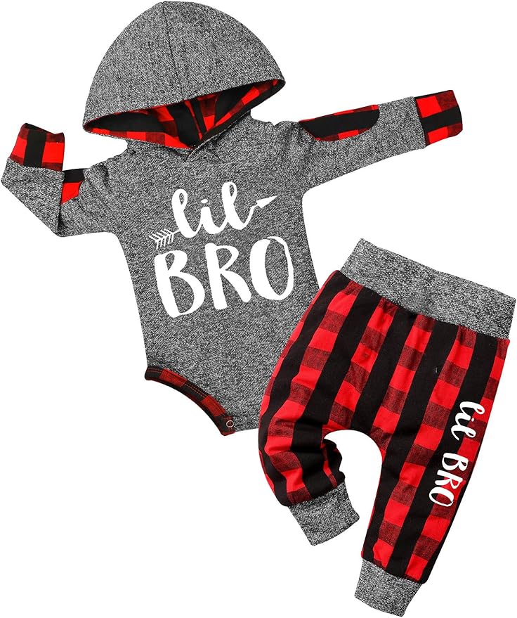 Fommy Newborn Baby Boy Clothes Plaid Letter Print Long Sleeve Hoodies + Long by Fommy