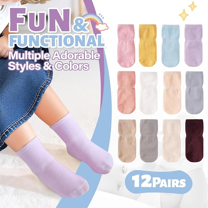 ANTSANG 12 Pairs Baby Girls Boys Toddlers Kids Crew Cotton Grips Socks | Smooth - Image 2