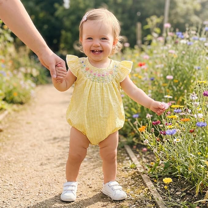 Newborn Baby Girl Bubble Romper Floral Stripe Smocked Onesie Summer Clothes - Image 3