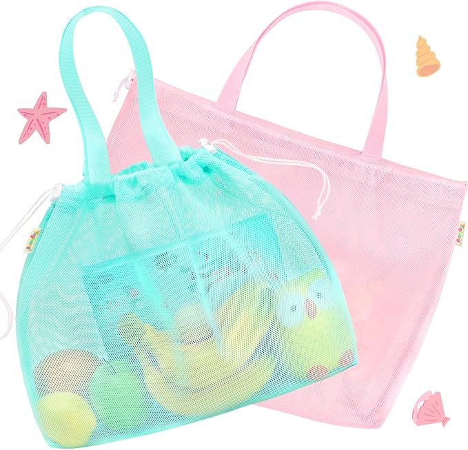 Tagitary Beach Toys Kids Beach Bag Tote with Drawstring, Pink Blue Mesh Bag Travel Beach Essentials for Kids Swim Pool Gym Bag Camping Accessories Toys Storage Lightweight Foldable Birthday Gifts