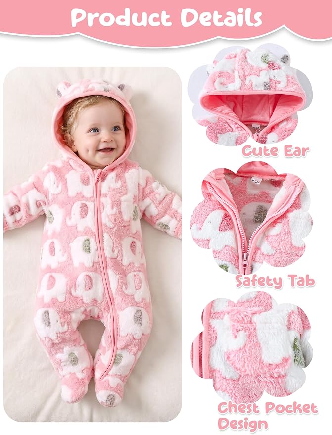 Jecson Baby Snowsuit Newborn Bear Hooded Fleece Outfit Baby Clothes 0M-12M - Image 4