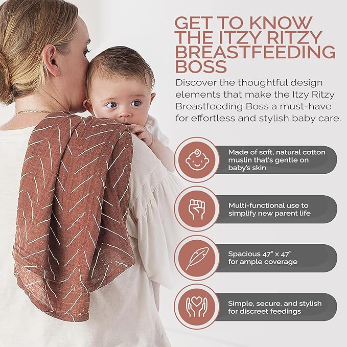 Itzy Ritzy Breastfeeding Boss Multi-Use Cover – A Nursing Cover, Swaddle, Car Seat, Tummy Time Mat & Burp Cloth All in One – Made of Soft Muslin Fabric & Measures 47” x 47” (Mudcloth)