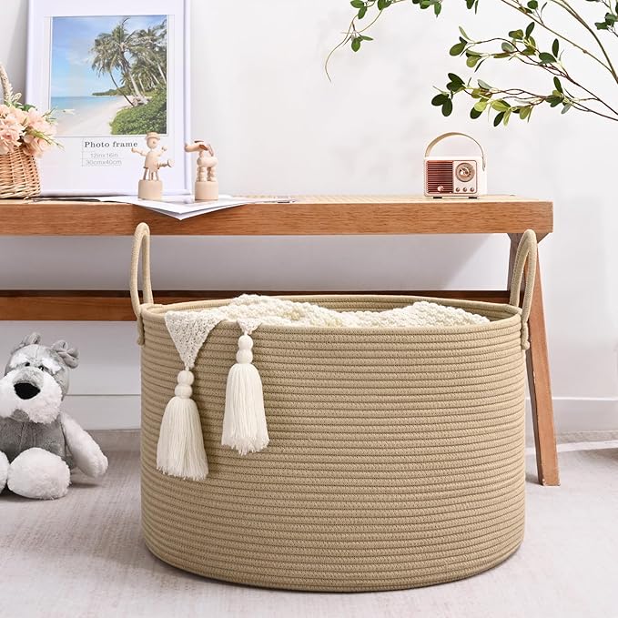 67L Storage Basket for Organizing, 20"×13" Large Laundry Baskets, Cotton Rope Woven Blanket Basket, Toy Storage for Kids, Collapsible Blankets Storage for Living Room, Nursery Room