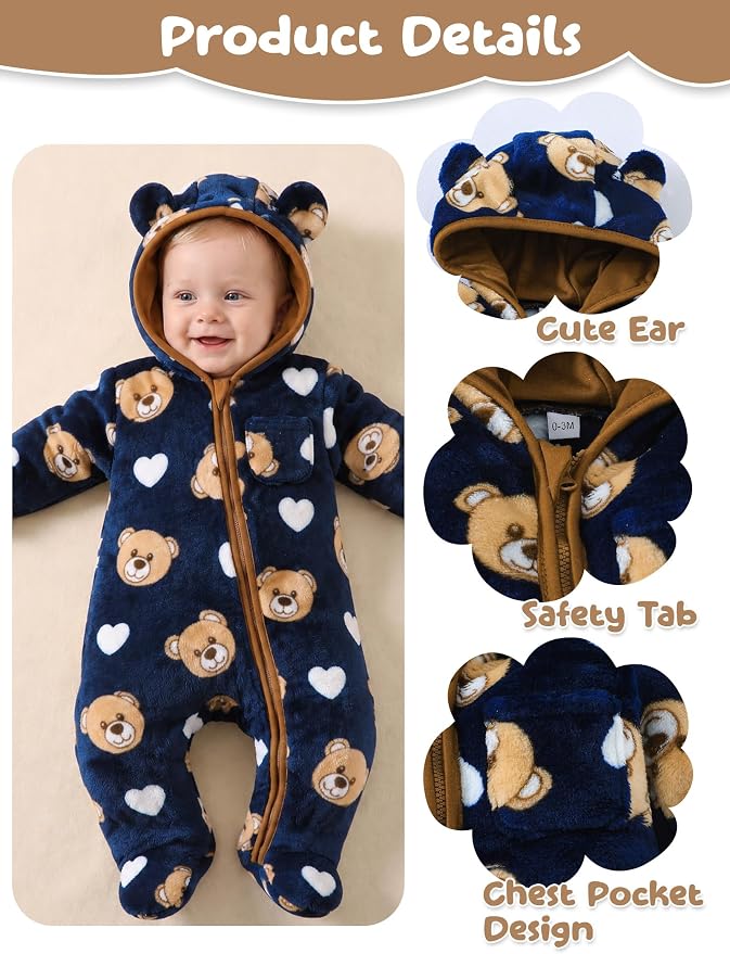 Jecson Baby Snowsuit Newborn Bear Hooded Fleece Outfit Baby Clothes 0M-12M - Image 4