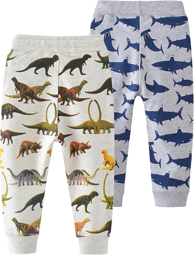 HUAER& Baby Boy's Jogger Pants Dinosaur Car Animal Print Drawstring Elastic Sweatpants 2-Pack