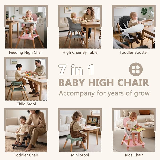 Kinder King 7 in 1 Baby High Chair for Babies and Toddlers with Large Storage Footrest, Booster Seat, Convertible Wooden High Chair with 3-Depth Double Dishwasher Safe Tray, 5 Point Harness, Gray