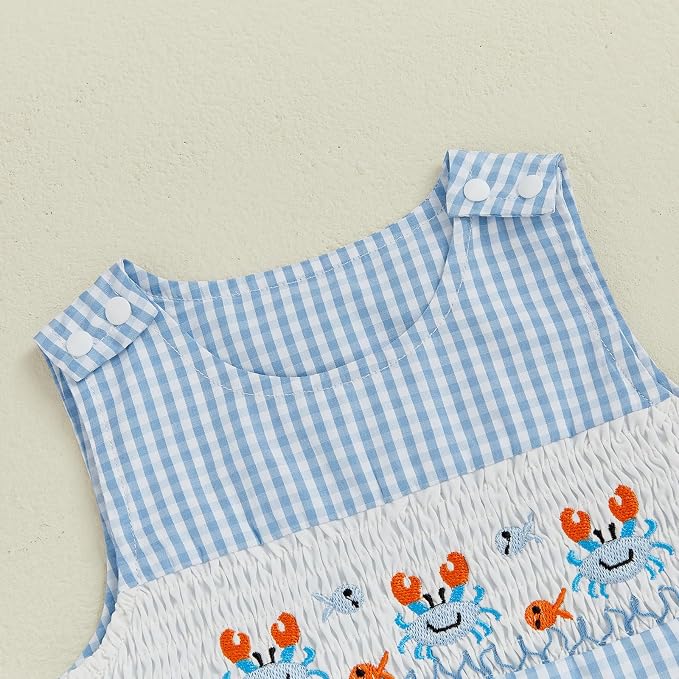 Newborn Baby Boys Sleeveless Seersucker Romper One Piece Straps Overalls - Image 4