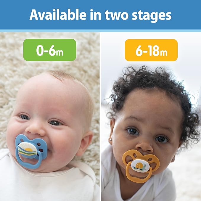 Dr. Brown's Advantage Baby Pacifier, Fully Symmetrical Soother with Soft Silicone Bulb, Blue Sunrise, 0-6m, BPA Free, 2 Pack