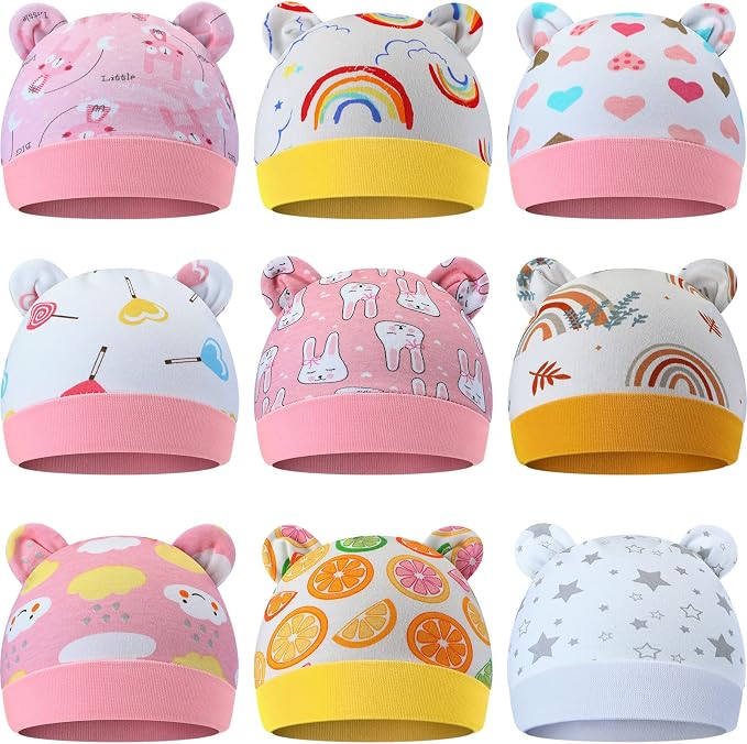 Geyoga 9 Pieces Newborn Baby Hat Bear Ears Infant Caps Baby Boy Girl Toddler by Geyoga