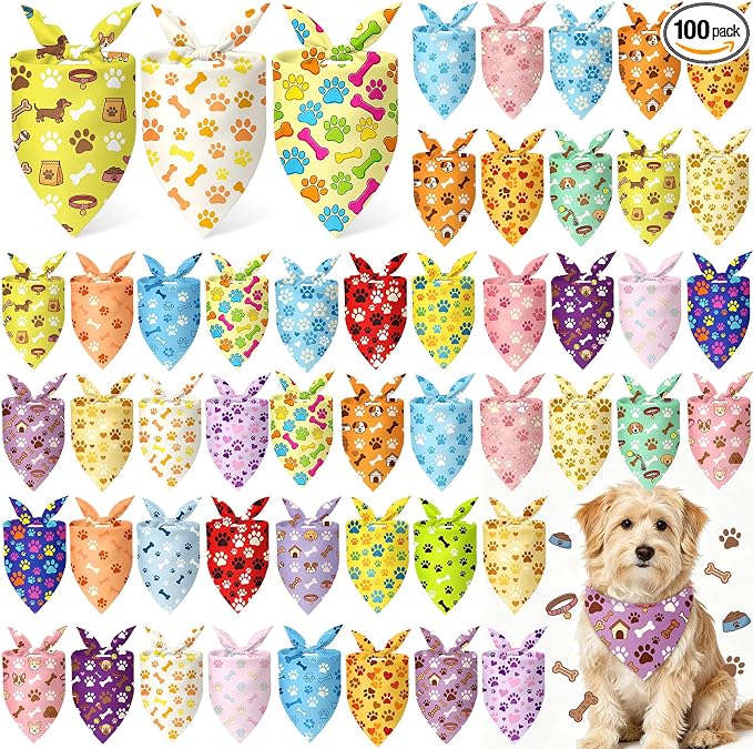 100 Pcs National Dog Day Dog Bandanas Bulk Pastel Paw Prints Pattern by Jeere
