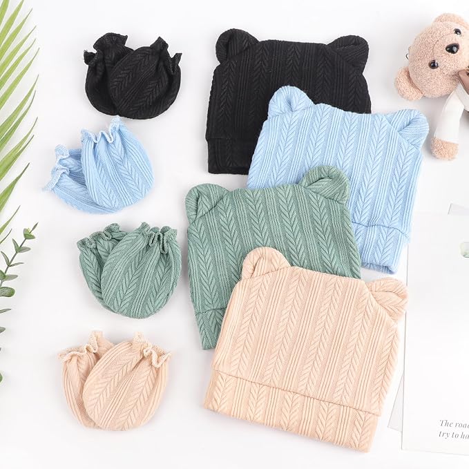 BQUBO Newborn Baby Hats Bear Ears and Mittens Sets Preemie Caps Baby Boy Girl - Image 7