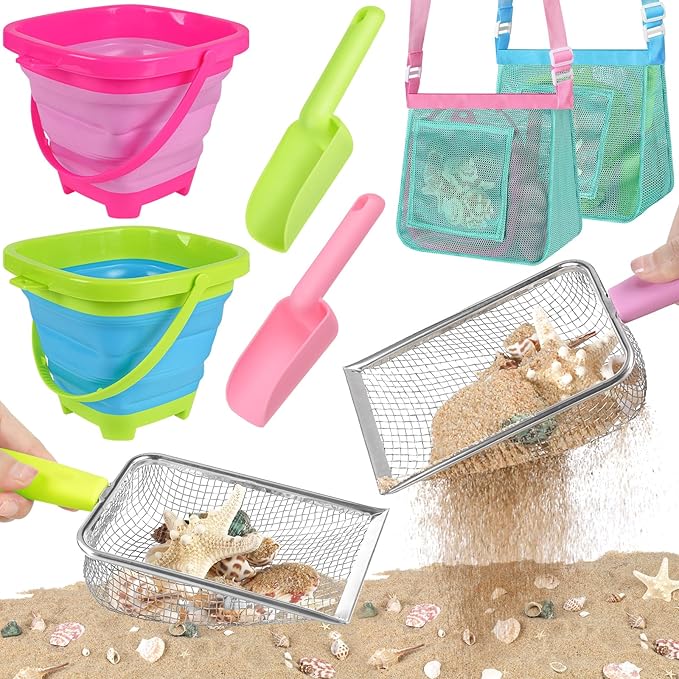 Beach Toys, Sand Toys with 2 Collapsible Beach Bucket and Beach Mesh Shovel, Sand Shovel, Shark Tooth Sifter and Mesh Bag for Shell Collecting, Sand Dipper Beach Scoop for Kids Boys Girls