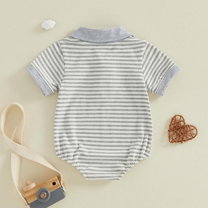 VISGOGO Baby Boy Striped Romper Waffle Short Sleeve Button Oversized Bodysuit - Image 7