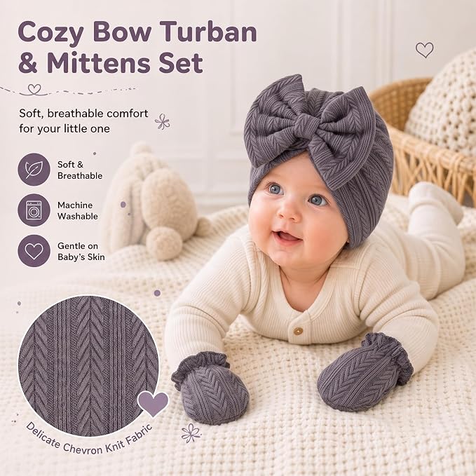 8 Sets Newborn Baby Girl Bow Hats and Mittens Turban Beanies 0-3M | Cotton - Image 5