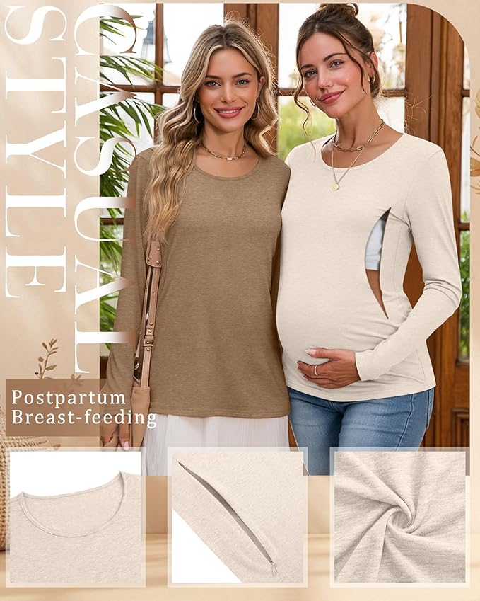 4 Pack Women's Cotton Nursing Tops, Breastfeeding Maternity with Hidden Zippers Crew Neck Long Sleeve Pregnancy Shirts