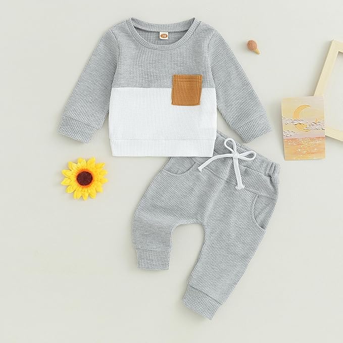 Toddler Baby Boy Fall Clothes Waffle Contrast Color Sweatshirt Pants Sets Infant Winter Outfits 6 12 18 24 Months