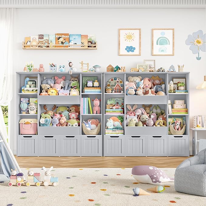 FINETONES Toy Organizers and Storage with 4 Movable Drawers, Large Toy Storage Organizer with 8 Open Storage Cubbies, Kids Bookshelf and Toy Storage with Hidden Wheels for Playroom, Kids Room,Grey