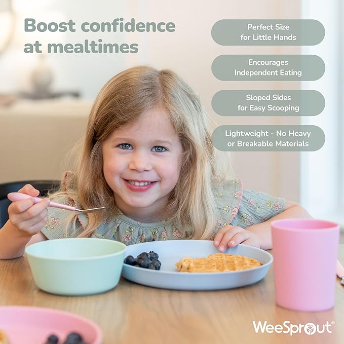 WeeSprout Bamboo Plates, Set of 4, Kid-Sized Dinnerware, Dishwasher Safe Melamine Dishware (Pink, Green, Gray, & Beige, Without Lids)