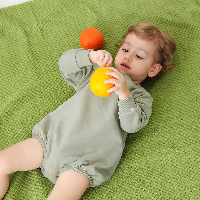 Bafeicao Baby Boy Girl Sweatshirt Romper Organic Cotton Solid Color Long Sleeve Bubble Romper Oversized Warm Fall Winter