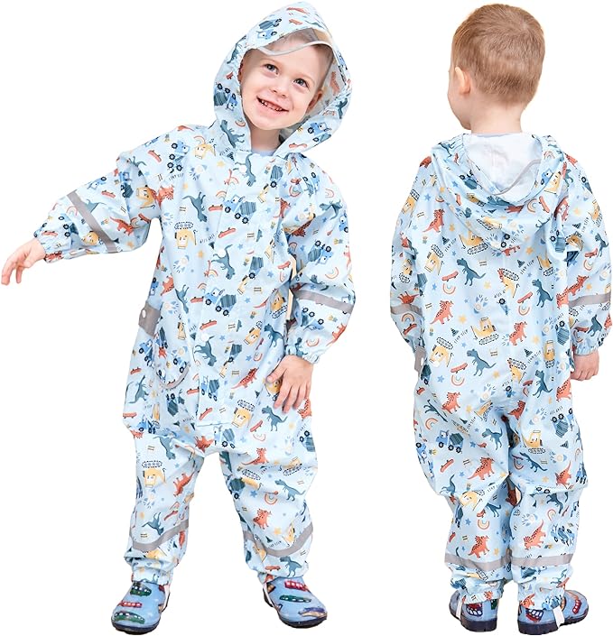 Fewlby Kids Toddler Rain Suit for Boys Girls One Piece Hoodie Zipper Cartoon by FEWLBY