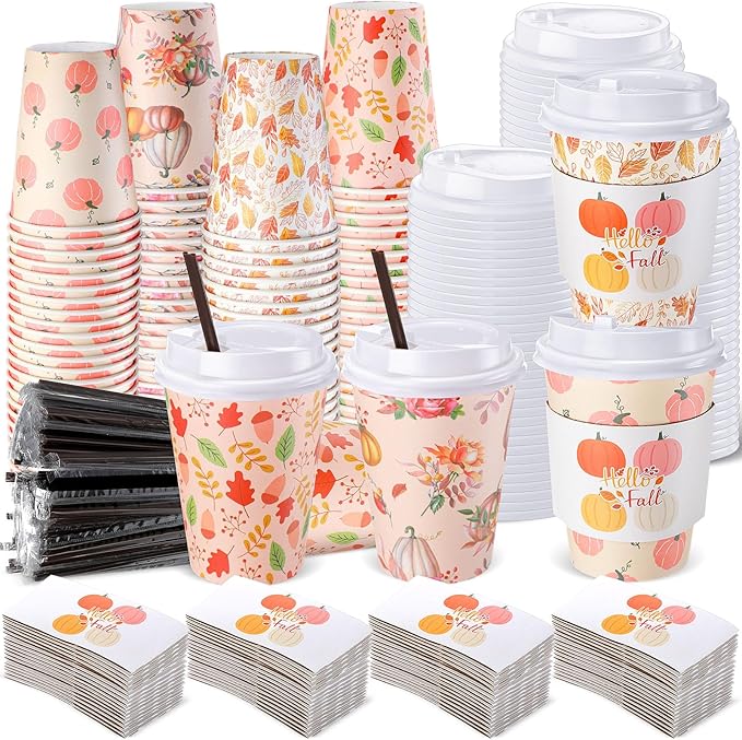 Lallisa 100 Sets Fall Thanksgiving Coffee Cup Bulk with Lid Disposable 12 oz Fall Hot Cups Paper and Sleeves Straws, Autumn Drinking Supplies for Holiday Party(Pink Style)