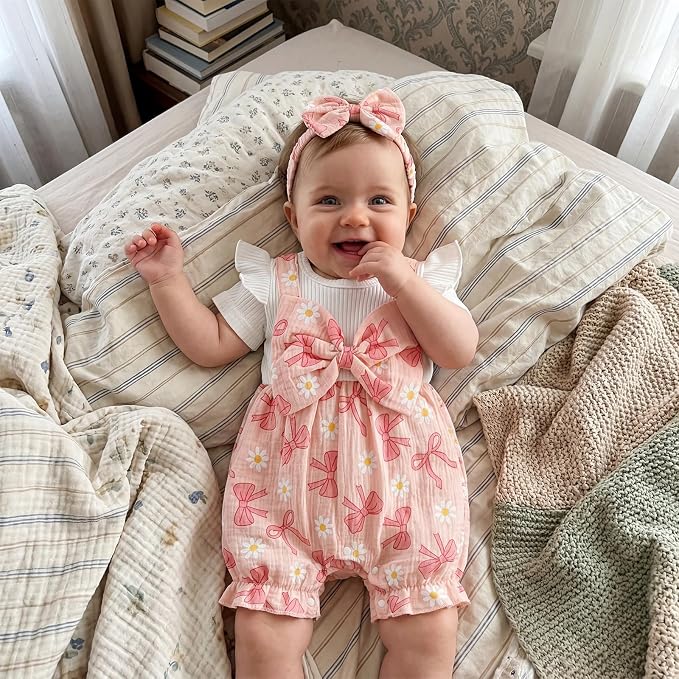 YINGISFITM Newborn Baby Girl Summer Clothes Short Sleeve Bubble Romper Bow - Image 4